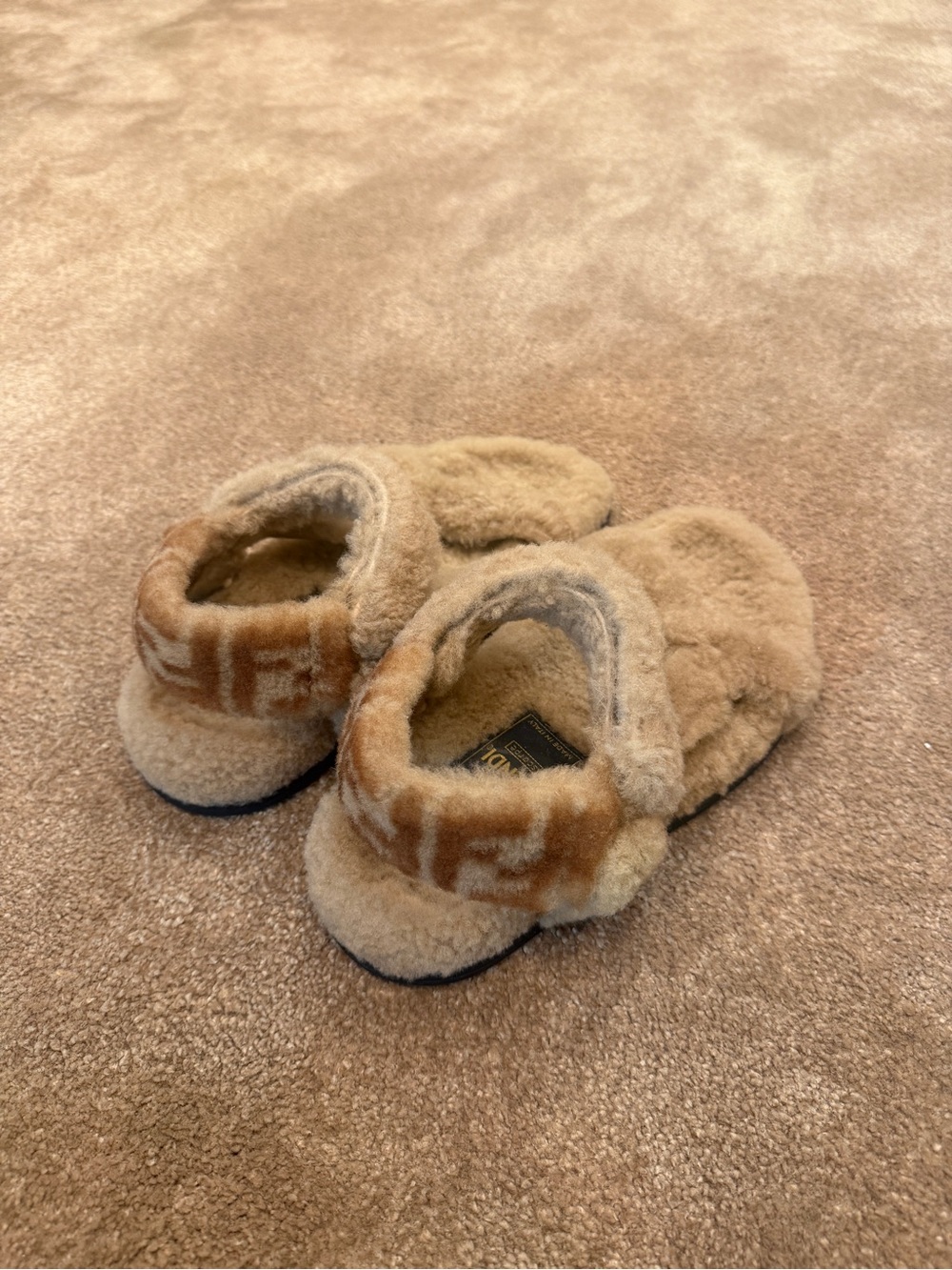 Fendi Beige Shearling Slide Sandals with FF Logo Strap